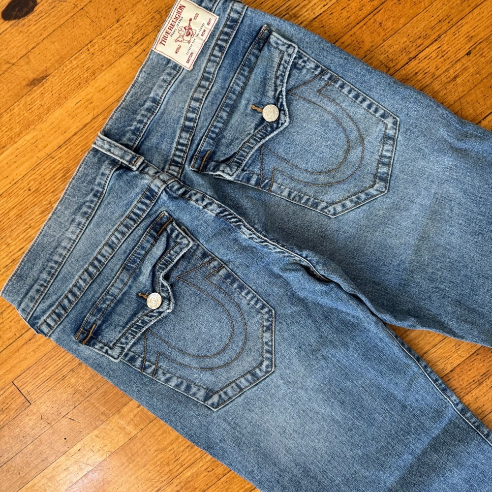 True Religion Ricki Relaxed Straight Mens 34 Blue Horseshoe Flap Pocket Jeans